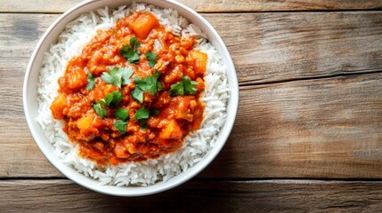 Curry served with basmati rice on a rustic surface