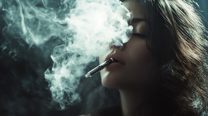 Obraz premium A woman exhales smoke from a vape, creating a moody and atmospheric portrait.
