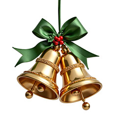 Elegant golden bells with green ribbon and holly for festive decorations, photorealistic of holiday decor concept.
