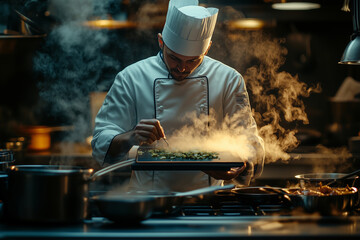Chef utilizes AI recipe optimizer in a bustling kitchen environment