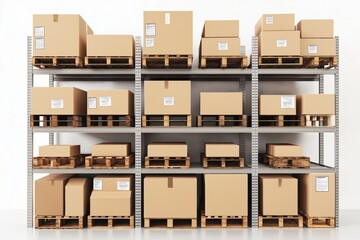 A large stack of boxes on a shelf. The boxes are all different sizes and are piled on top of each other