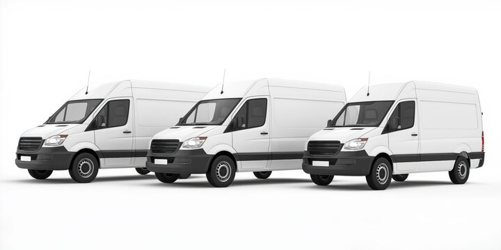 Three white vans are parked next to each other. They are all the same color and size