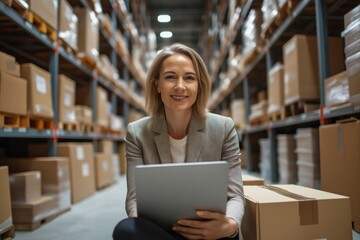 Fototapeta premium A woman is sitting on the floor in a warehouse with a laptop in her hand. She is smiling and she is enjoying her time