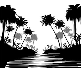 River in forest. Image of black silhouette isolated on white background. Vector tropical landscape. Plants in jungle. Southern thickets. Tall palm trees.