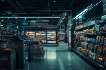 Futuristic supermarket features AI technology for seamless shopping experience