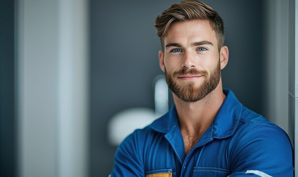 Smiling plumber in blue uniform showcases plumbing expertise in modern bathroom setting