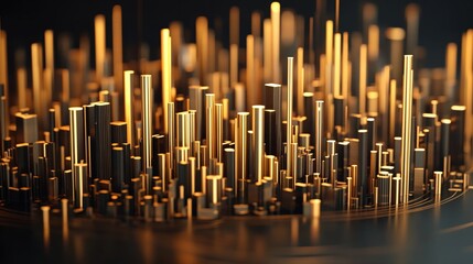 Obraz premium Urban cityscape crafted from golden steel rods emerges against a dark background