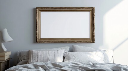 Elegant bedroom featuring a large ornate frame with a blank canvas above a cozy bed.