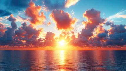 Fototapeta premium serene sunset over calm ocean, featuring vibrant pink and blue hues in sky, with fluffy clouds reflecting warm light of setting sun