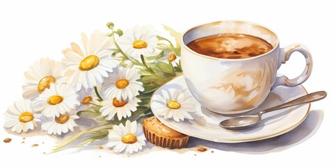 Warm and Cozy Cup of Coffee with Daisies 