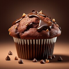 isolated chocolate muffin on a brown background, square food photography