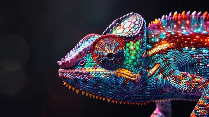 Fototapeta premium Realistic multicolored chameleon with iridescent skin and speckles on black background, close-up of vibrant reptile details
