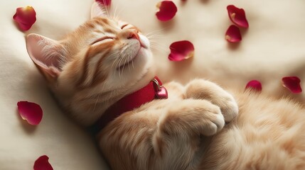 A peaceful ginger cat sleeping soundly on a soft bed surrounded by scattered rose petals for Valentine's day. The cat wears a red collar with a heart-shaped pendant, conveying a romantic mood