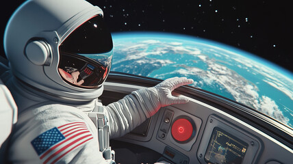 Astronaut in spacecraft cockpit gazing at Earth from space, showcasing advanced technology and sense of wonder. view highlights beauty of our planet
