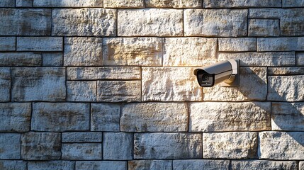 A modern surveillance camera mounted on a textured stone wall, providing security and monitoring.