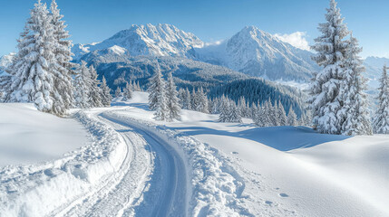 Breathtaking snowy landscape with majestic mountains and pine trees, showcasing serene winter scene. winding path invites exploration in this tranquil environment