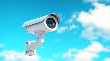 A sleek security camera against a bright blue sky with fluffy clouds, symbolizing safety and vigilance.