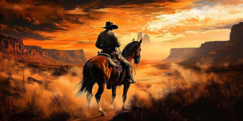 Cowboys and Horses A Wild West Themed Illustration. drawing of a horseman sitting on a horse in front of a beautiful sunset background with a valley and nature. western scenery