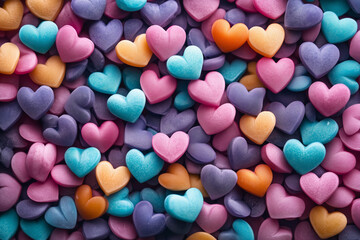 Colorful hearts scattered beautifully on a vibrant blue background