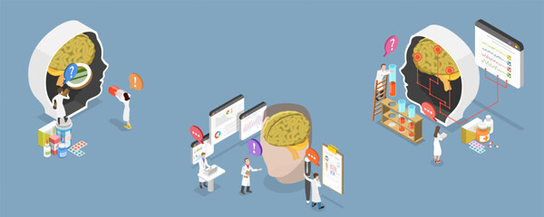 3D Isometric Flat Vector Illustration of Psychology and Neurology, Diagnosis And Treatment