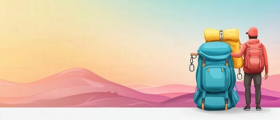 Traveler using a carabiner to attach extra gear to a backpack, flat design illustration