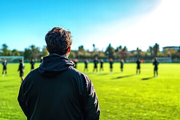 Male soccer coach observing a youth training session on a sunny day.