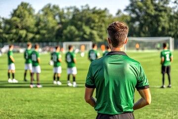 Young male soccer coach observing team practice on a sunny day.