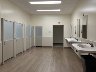 Clean and Modern Restroom Facilities Featuring Multiple Stalls and Contemporarily Designed Fixtures for Public or Private Use in Commercial Spaces