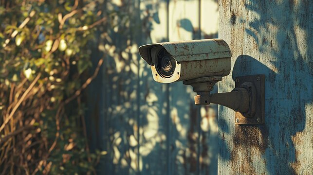 A rusted security camera mounted on a teal weathered wall, surrounded by greenery, evoking a sense of neglect and fading surveillance.
