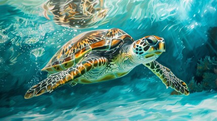 Fototapeta premium Sea turtle gracefully swimming in crystal clear tropical ocean waters, underwater marine wildlife scene in vibrant coral reef habitat, perfect for ocean conservation and nature themes