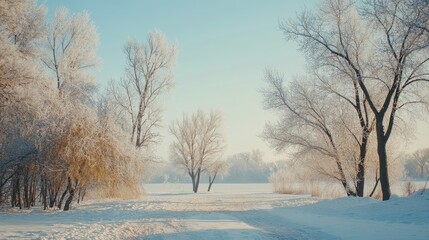 Obraz premium Frost-covered trees stand tall beside a snowy path leading to a frozen lake, illuminated by afternoon sunlight under a pristine blue sky.