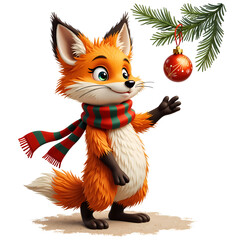 Obraz premium Cheerful fox with ornament and evergreen branch for festive celebrations, digital art of character design concept.