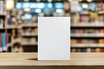 Minimalist hardcover book mockup with blank cover, placed on a wooden table against a blurred bookshelf background. Ideal for book design, branding, and presentations.