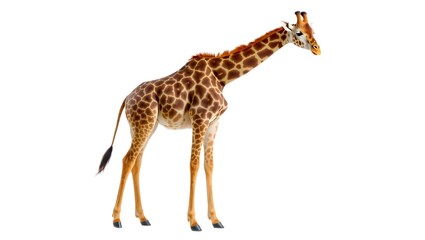 Fototapeta premium tall giraffe standing gracefully on a plain white background, perfect for wildlife-themed stock content, nature photography, and African savanna imagery 