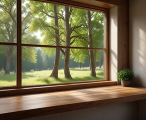 Obraz premium Relaxing wooden counter under a window with a view of trees, calming atmosphere, outdoor view, cabin life, peaceful retreat, balcony decor