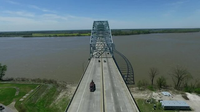 Hernando de Soto Bridge in Memphis Mississippi River, Trafic in Background. Arkansas and Tennessee Line. Drone
