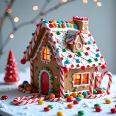 Charming gingerbread house with colorful candies and twinkling lights for a festive holiday atmosphere, photography of still life concept.