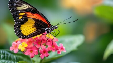 Fototapeta premium A colorful butterfly rests on green leaves, surrounded by blooming golden flowers in a serene garden. Morning light enhances the vivid hues of nature.