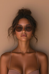portrait of young woman with sunglasses wearing mocha brown textured top, stylish summer fashion on neutral background
