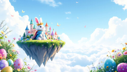 A whimsical Easter scene featuring a floating island in the sky, where a bunny king reigns over vibrant egg-shaped castles, creating a fantastical atmosphere of magic and celebration.
