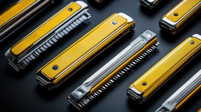 Pattern of yellow and silver folding pocket combs on dark surface.