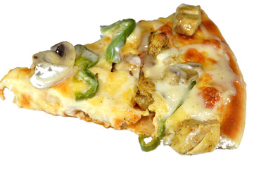 Chicken ranch pizza with slices of mushrooms, chicken pieces chunks, olive pieces, slices of bell peppers, mozzarella cheese, olive oil, fresh herbs, ranch sauce, tomato sauce, Italian cuisine pizza