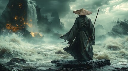 In ancient times, an ancient human wearing a bamboo hat and holding a two-pronged stick stood on a huge stone in the water, shot from the back, with huge floods and waves in the background. 
