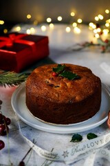 Homemade traditional Kerala plum fruit cake | Christmas rum cake on holiday background