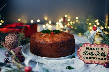 Homemade traditional Kerala plum fruit cake | Christmas rum cake on holiday background