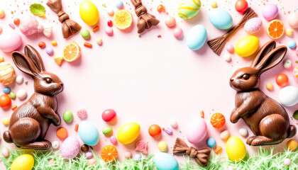 Obraz premium A beautifully arranged Easter table setting featuring pastel-colored eggs, fresh spring flowers, and candles, with soft lighting creating a cozy atmosphere, perfect for Easter greeting