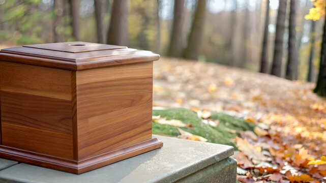 Square wooden cremation urn on a tree stump in an autumn forest