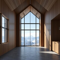 Fototapeta premium High-quality 3d view of a canadian room with a maple wood wall and concrete floor rocky mountains in sight wood concrete design wood design concrete architecture wall floor modern