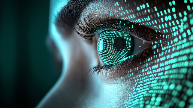 Close-up of eye with digital binary code reflections in blue.