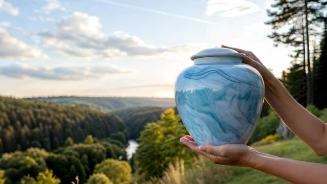 Elegant female hands holding a blue marble funeral urn against a lush green natural landscape